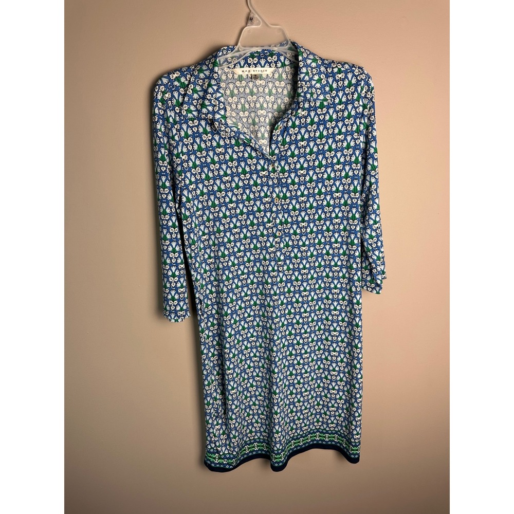 Max Studio Womens Blue Green Floral Geometric Belted Shirt Dress Size M